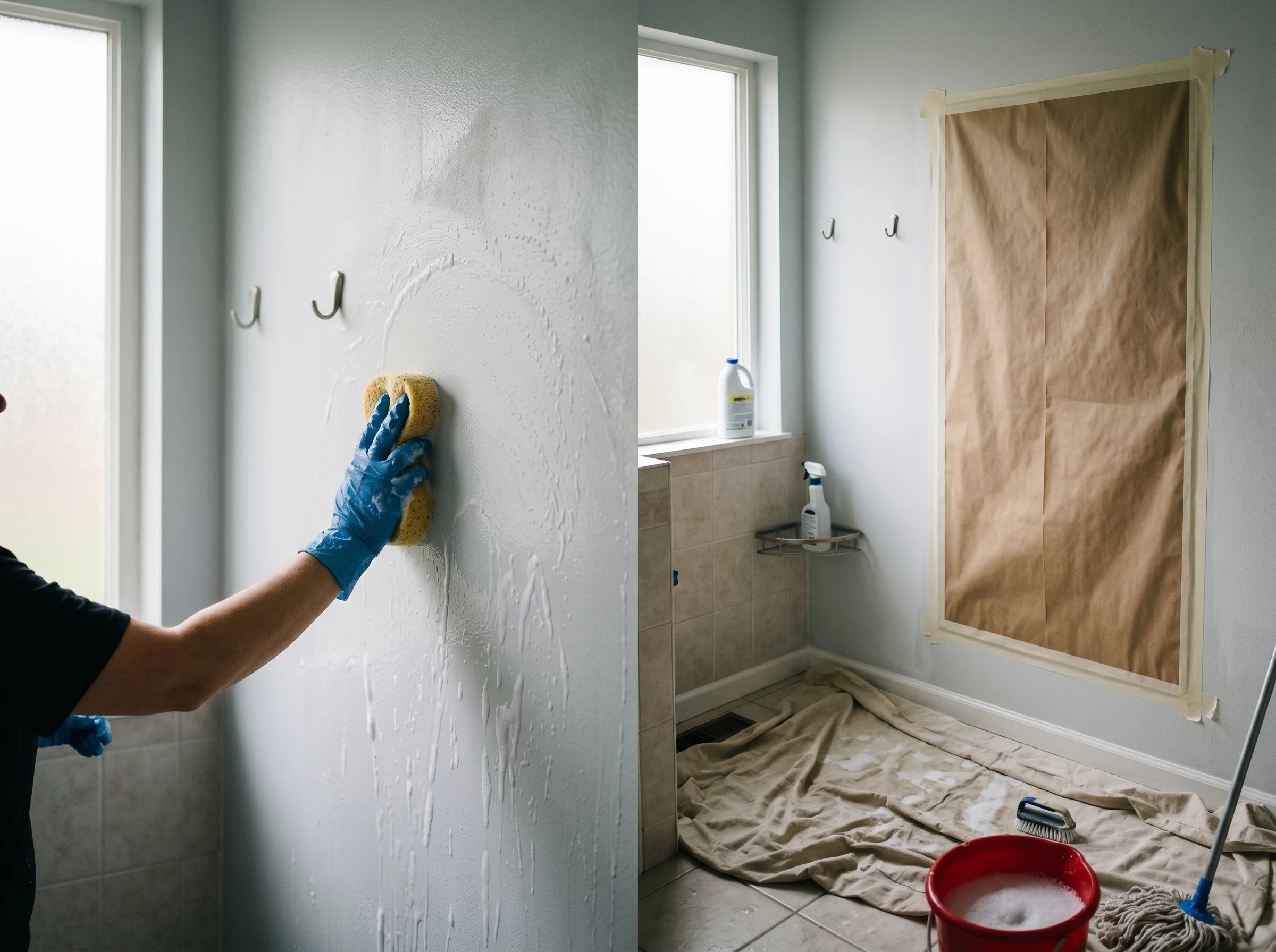 Bathroom wall being degreased with a sponge and TSP substitute before painting