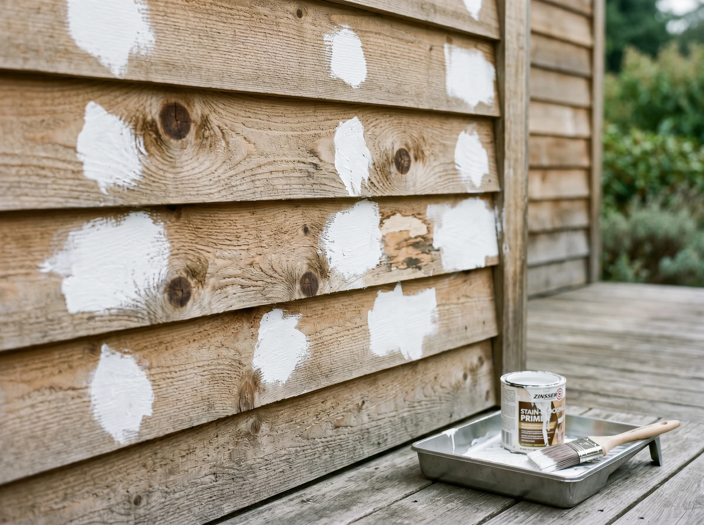 Exterior cedar siding with stain-blocking primer spot-applied to knots and bare patches