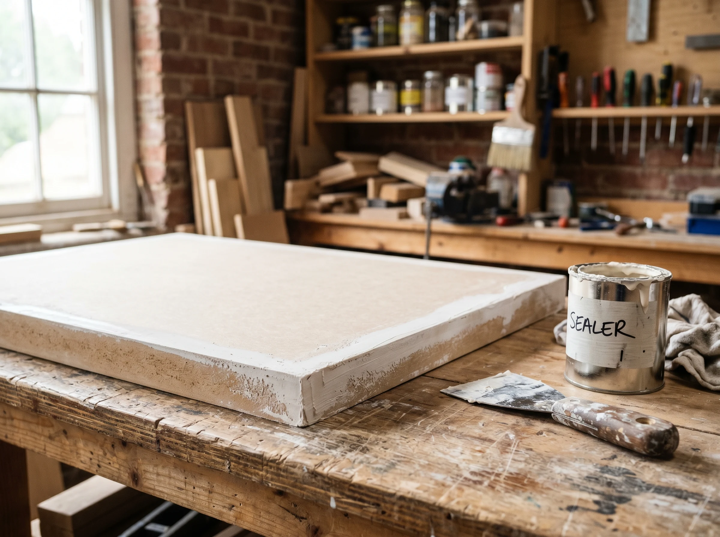 MDF door with edges sealed in drywall mud or shellac, awaiting full primer