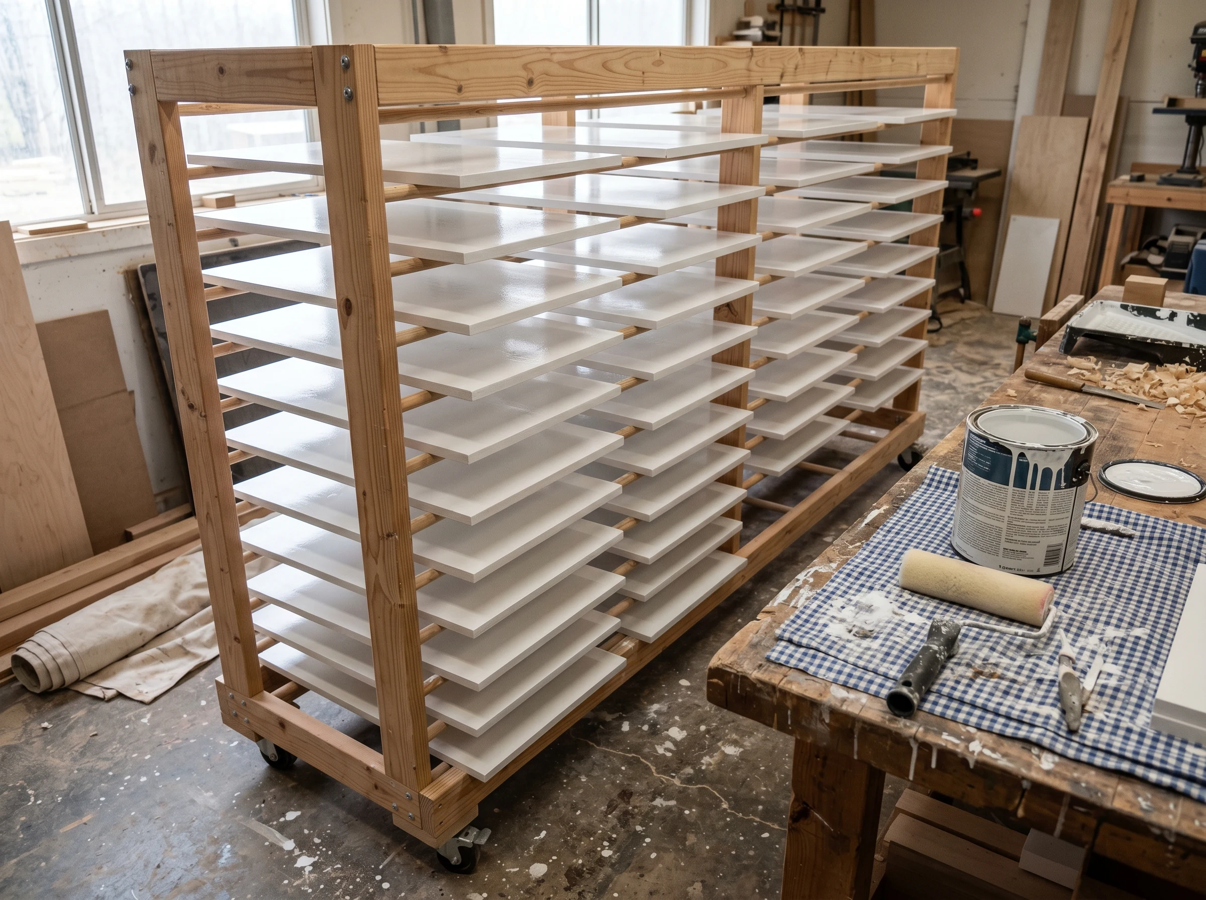 Finished painted MDF panels drying on a rack