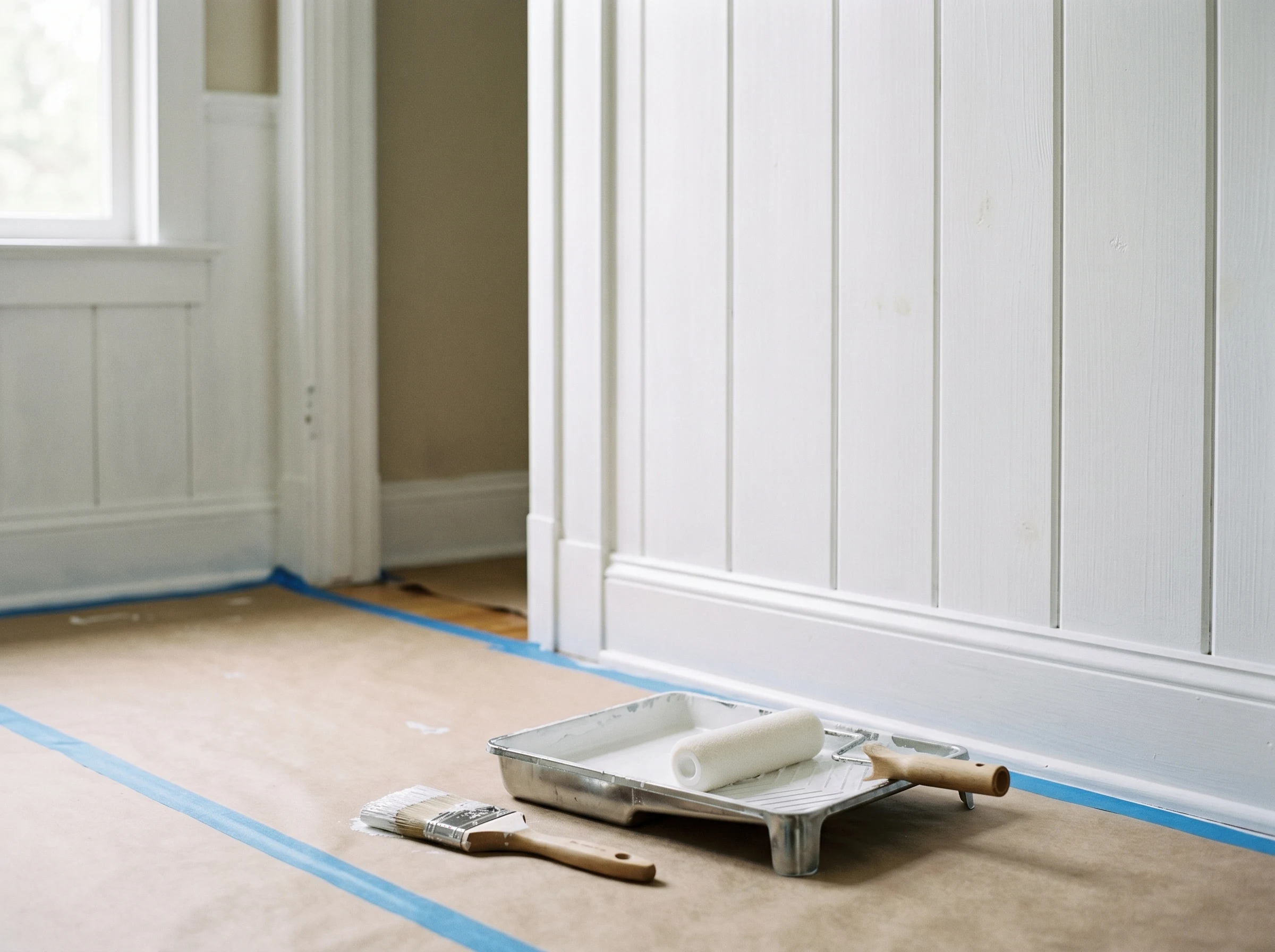 Pine trim and panel after one full coat of alkyd primer