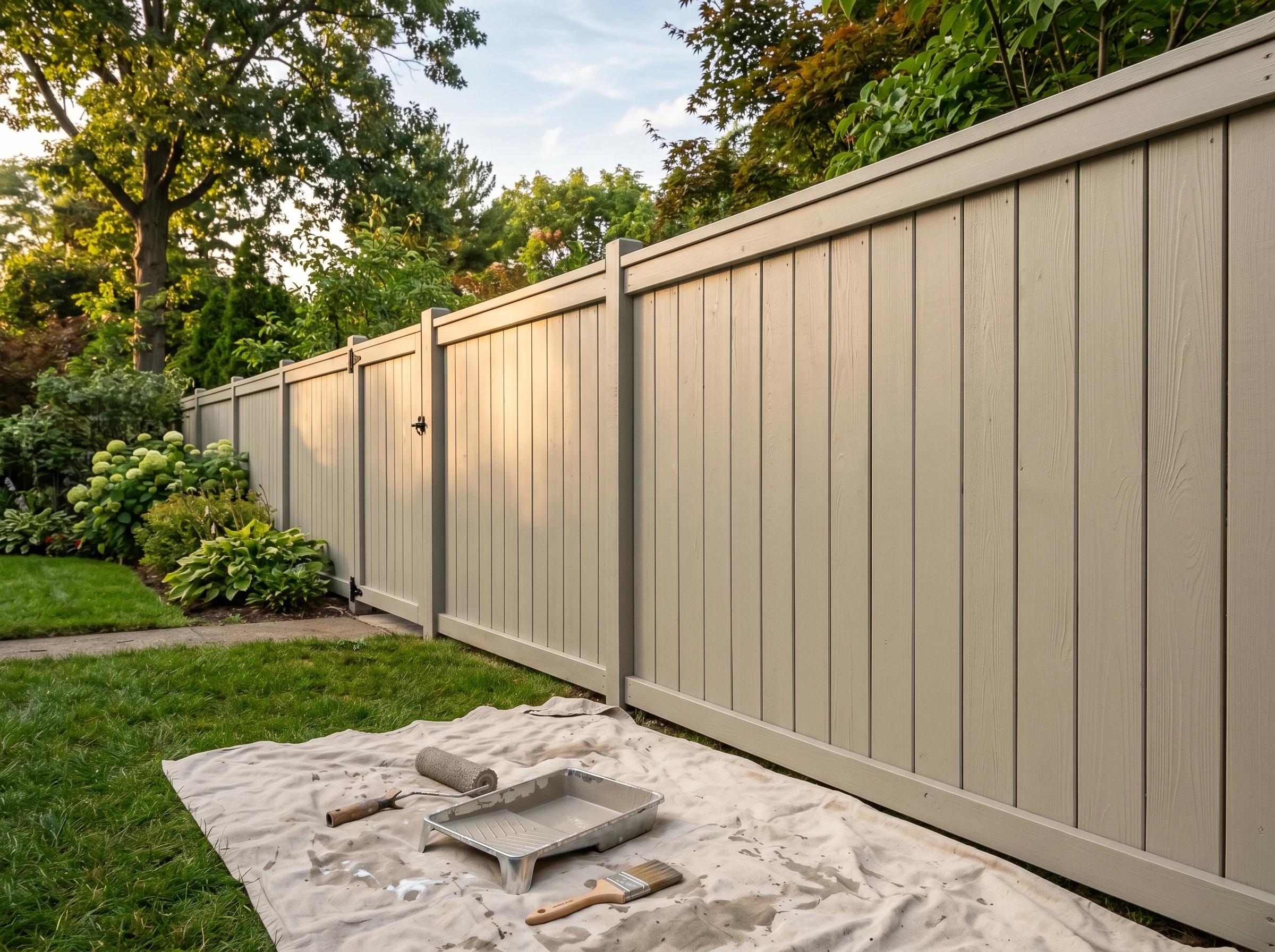 Finished pressure-treated fence painted soft greige with crisp board lines