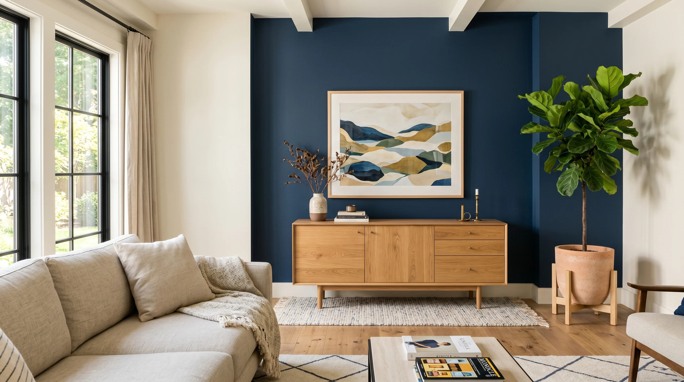 Finished living room with navy accent wall, credenza back in place, art rehung