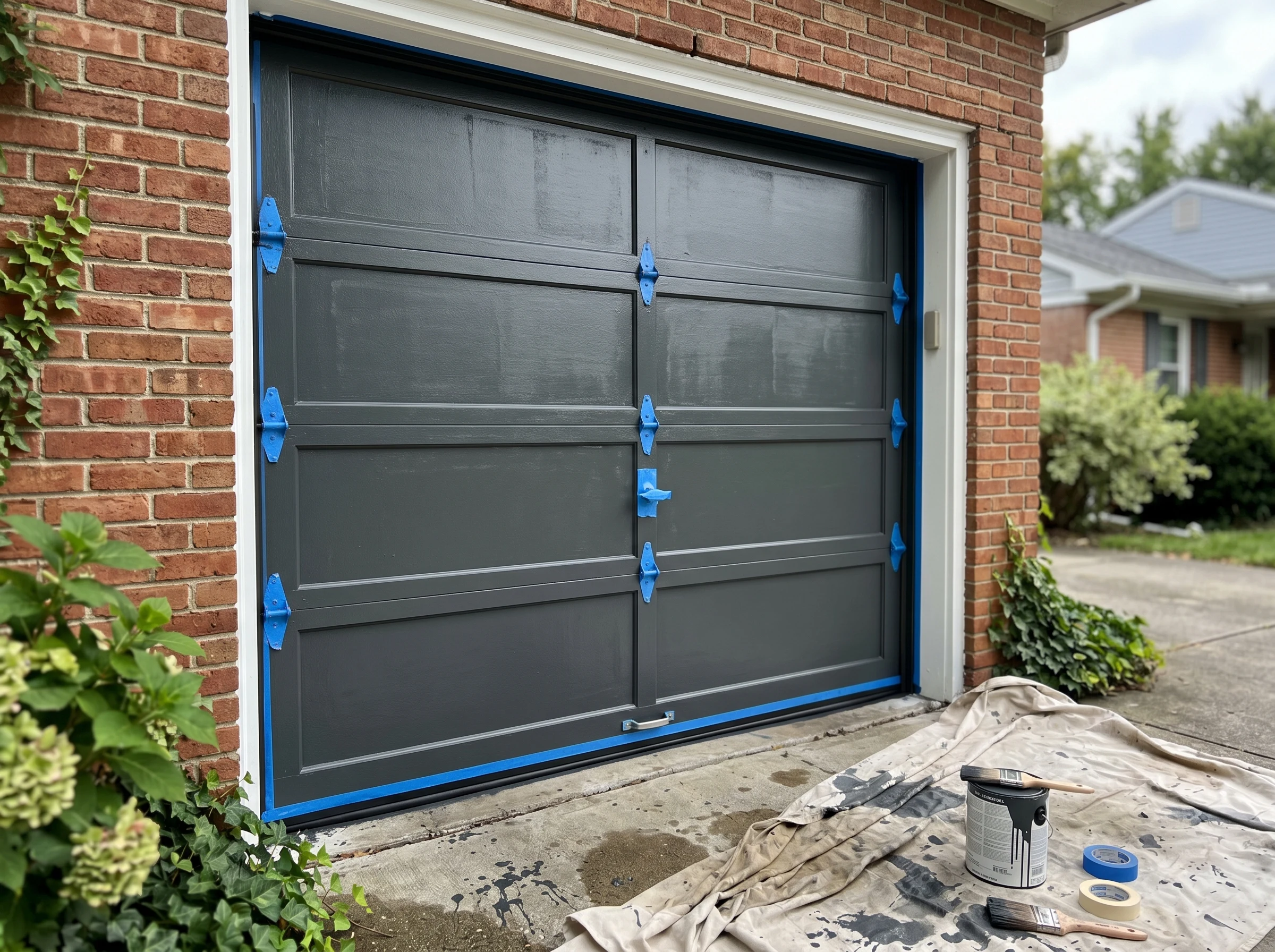 Garage door with second coat curing in afternoon shade, drop cloth pulled back