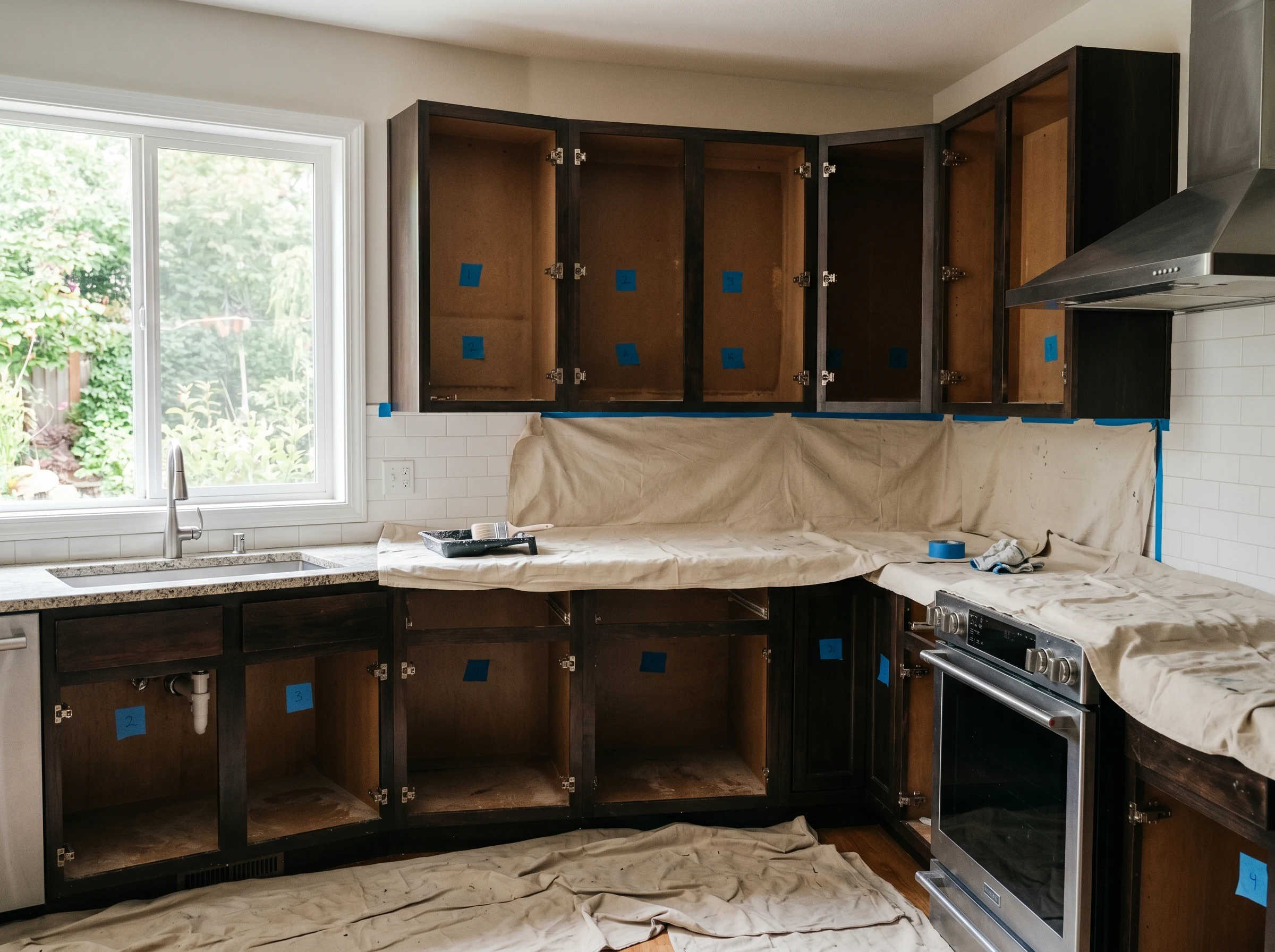 Kitchen with all cabinet doors removed and numbered painter's tape on each box