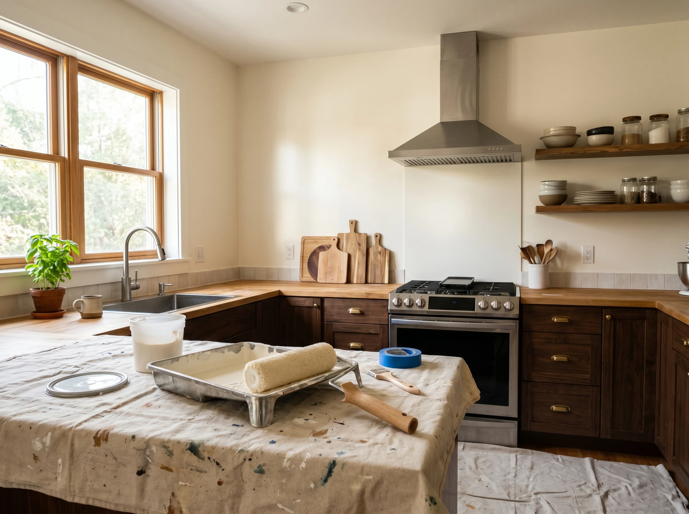 Kitchen walls with even second coat of warm-white finish, roller and tray on the covered counter