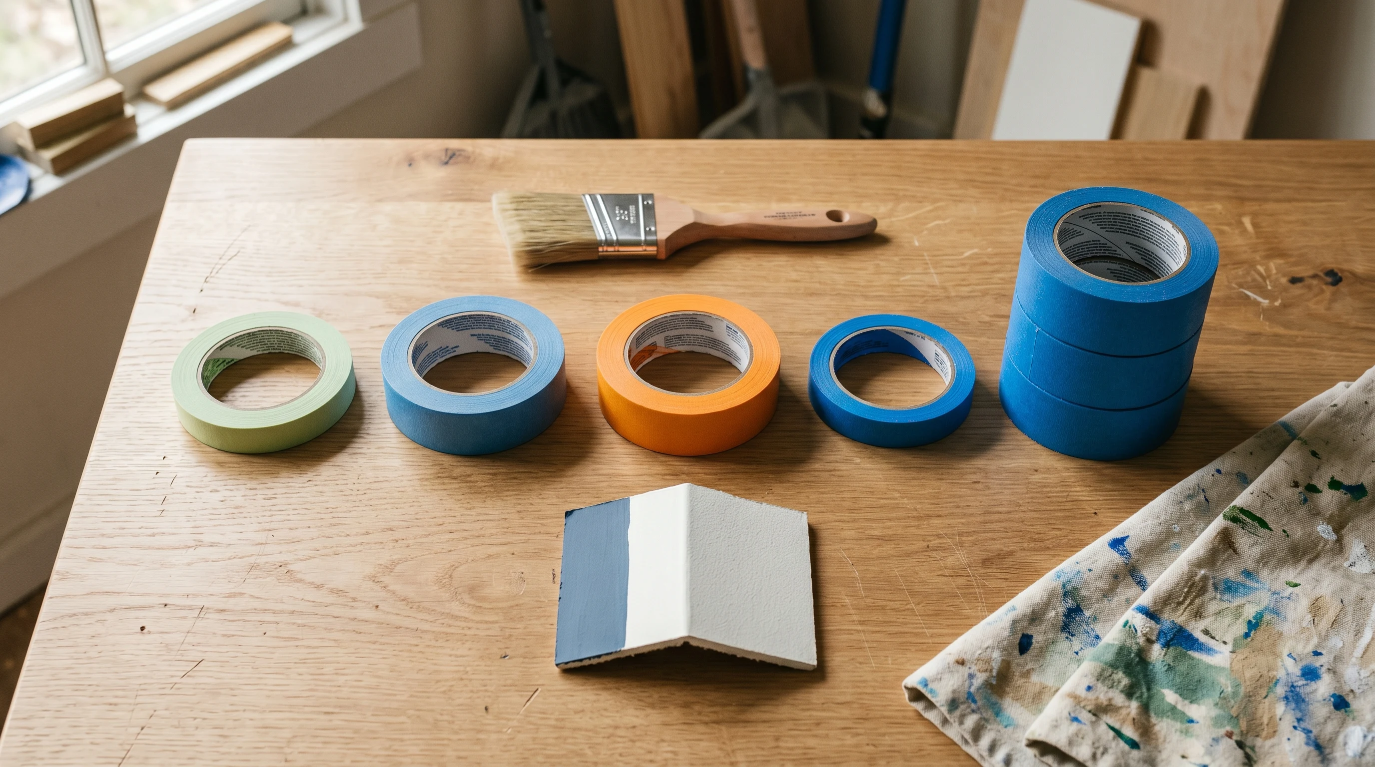 Five rolls of professional painter's tape laid out on a sunlit workbench
